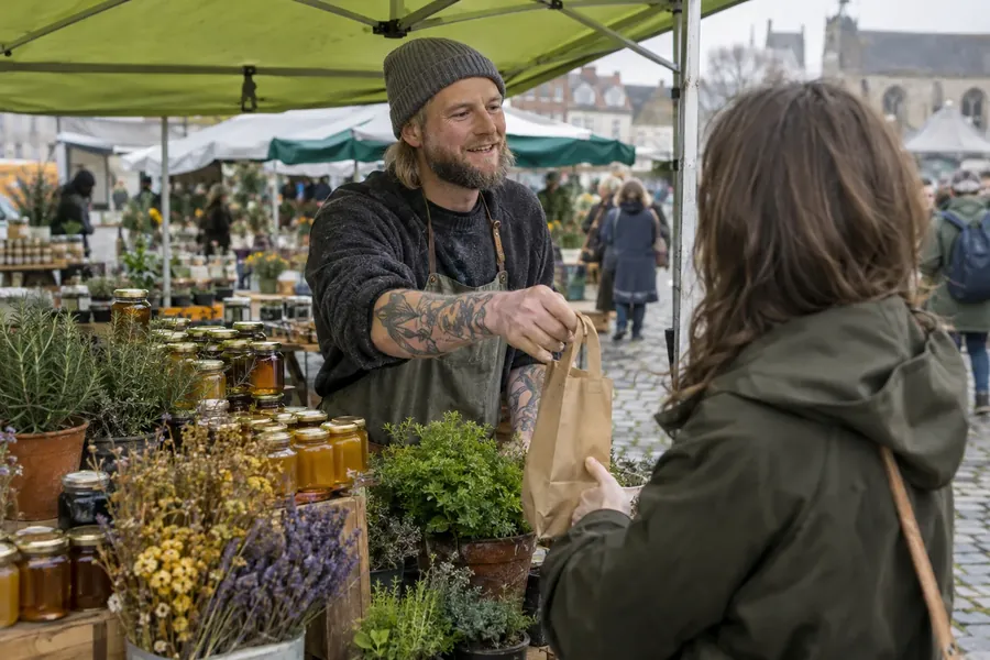 A bearded man in a beanie behind a market stall of honey jars and potted herbs, handing a paper bag to a customer.