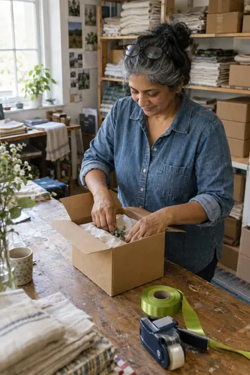 A woman in a denim shirt packing an order into a cardboard box at a workbench in a linen workroom.