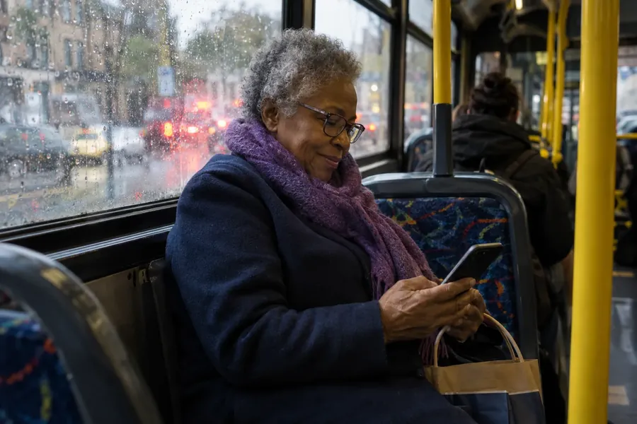 An older woman in a purple scarf and glasses smiling at her phone on a bus seat, rain on the window beside her.