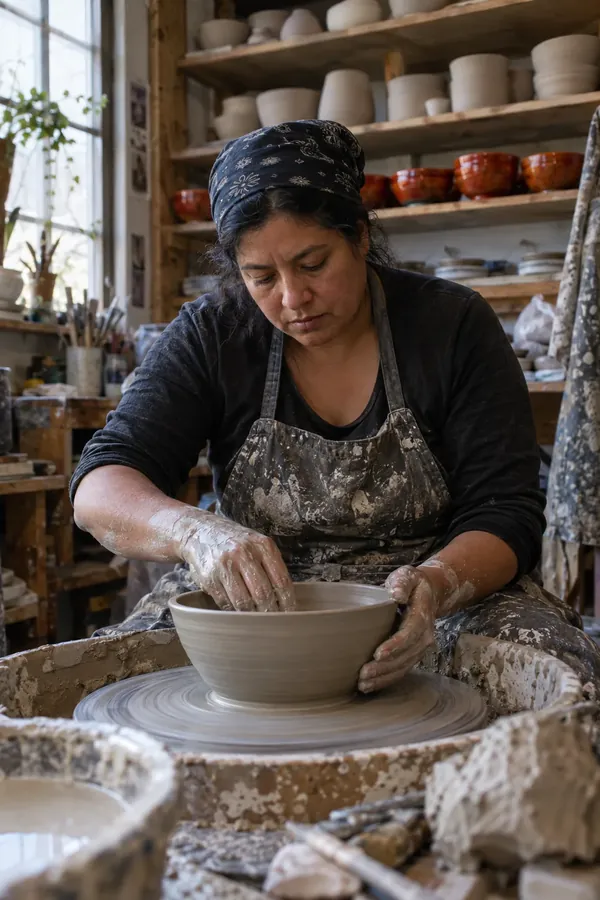 A potter in a bandana shaping a bowl on a wheel in a cluttered studio.