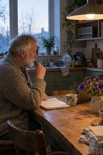 A bearded man in a cardigan writing in a notebook beside an open laptop at a kitchen table at dawn.